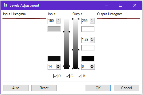 Screenshot of the adjustment level sliders in Paint.NET