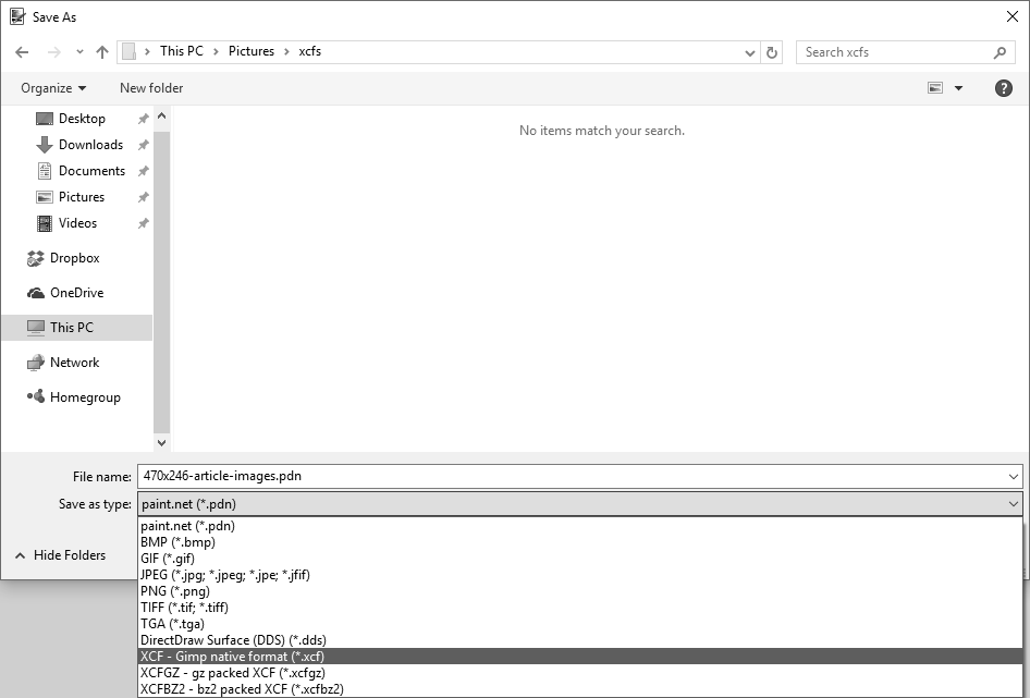 Screenshot showing save as dialog for xcf files in Paint.NET.