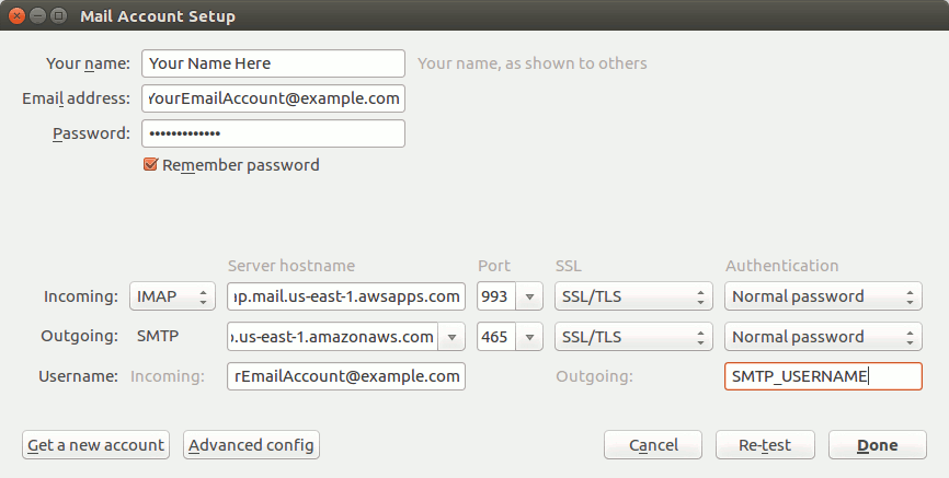 AWS WorkMail settings for Thunderbird.