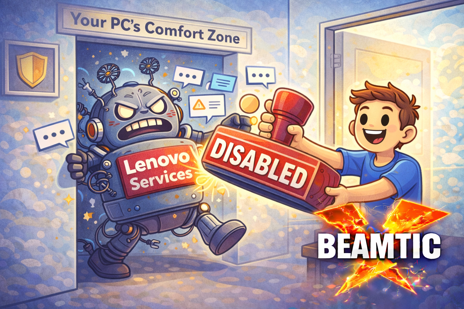 Lenovo service robot storming in, but a character stands ready with a big read disabled button.