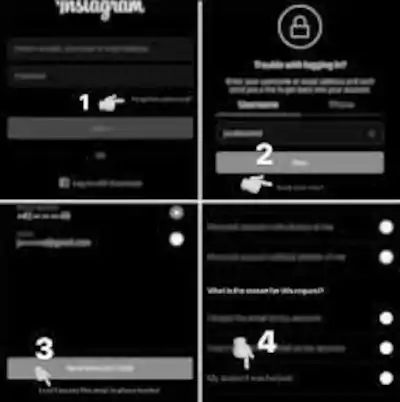 4 steps showing how to regain access to an instagram account that has had the associated e-mail address changed.