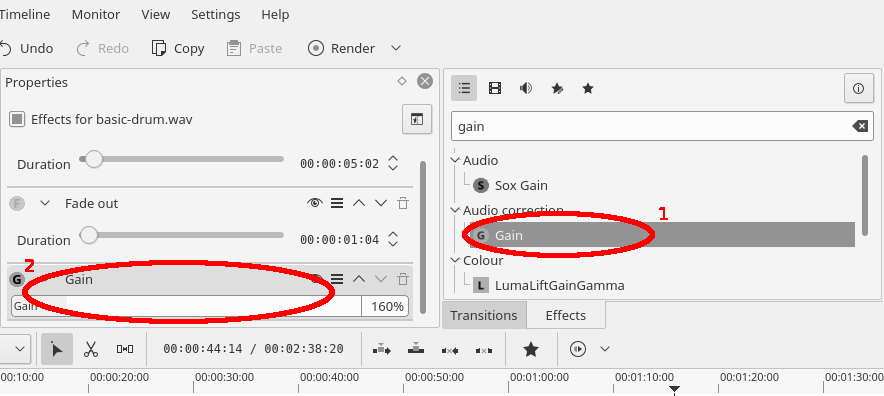 add gain, Kdenlive