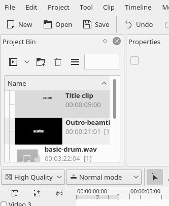 kdenlive project bin.