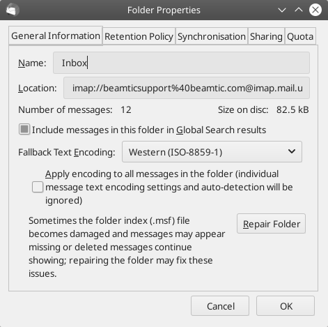 Folder Properties, Thunderbird