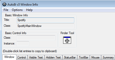 Screenshot showing the Window tab of the AutoIt Window Info tool.