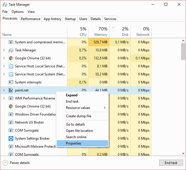 Finding the path of Paint.NET in task manager.