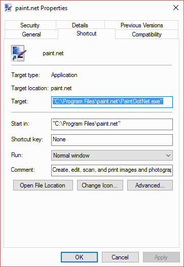 Paint.NET shortcut properties