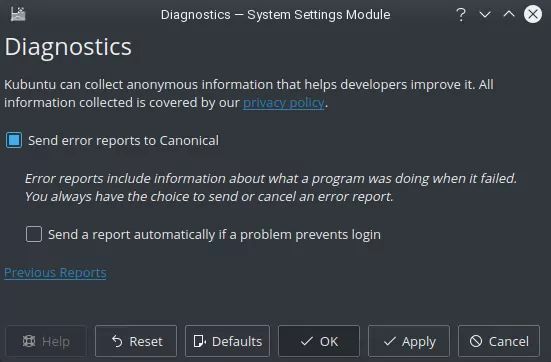 Ubuntu diagnostics tool, how to disable error reporting.
