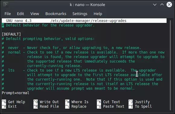 /etc/update-manager/release-upgrades/release-upgrades, edited with nano in konsole