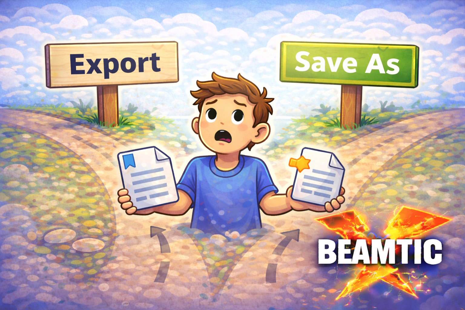 Two signs. One showing save as, another showing export. A confused figure stands in between.
