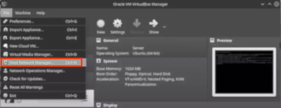 The host network manager in Virtual Box.