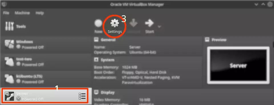 How to open Virtual Box settings.